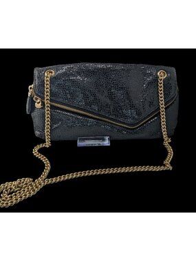 Elegant Henri Bendel Black Snakeskin Textured Leather Crossbody Bag W/ Gold Chai